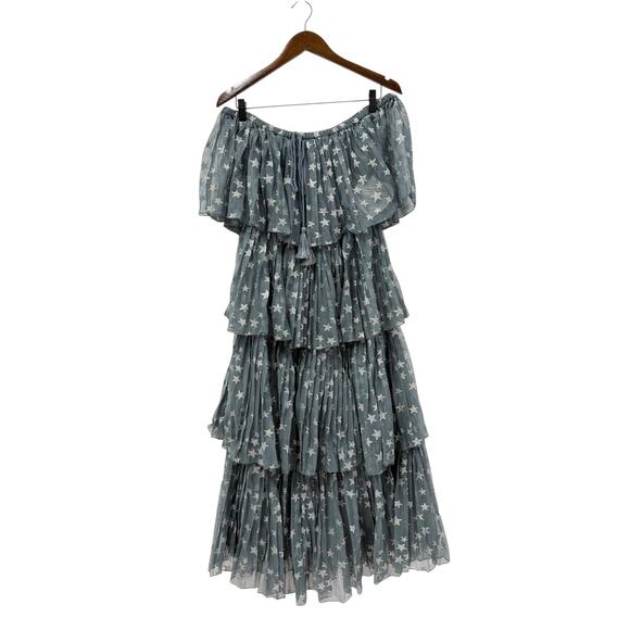 Z&L Women's Off-the-Shoulder Star Print Tiered Midi Dress in Gray size Small NWT - Picture 6 of 6